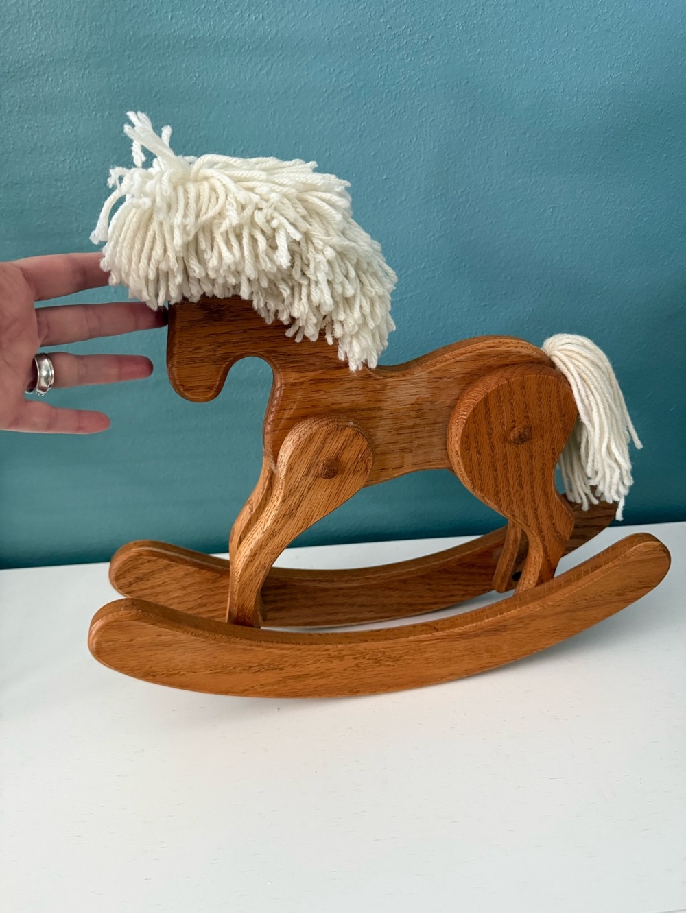 Vintage Wood Toy Rocking Horse Yarn Mane Rustic Farmhouse Nursery Child Decor - Picture 3 of 15